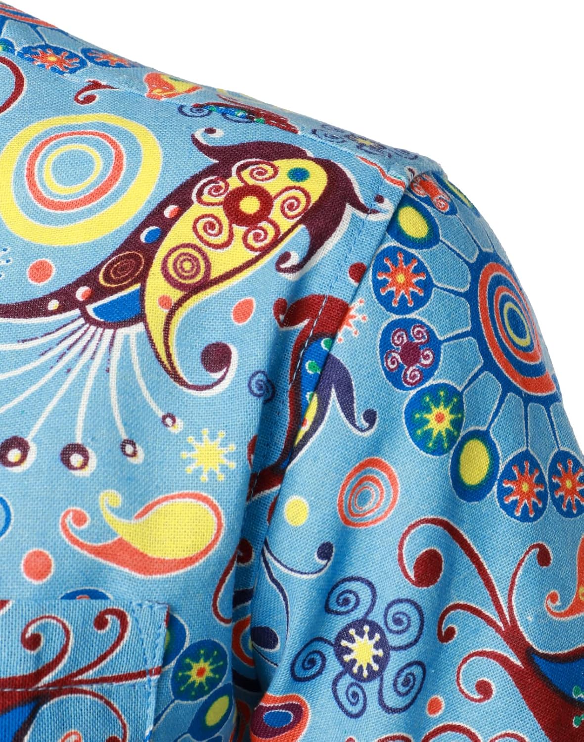 LucMatton Men's Cotton Linen Traditional Pattern Print Short Sleeve Button Down Hawaiian Shirts Blue