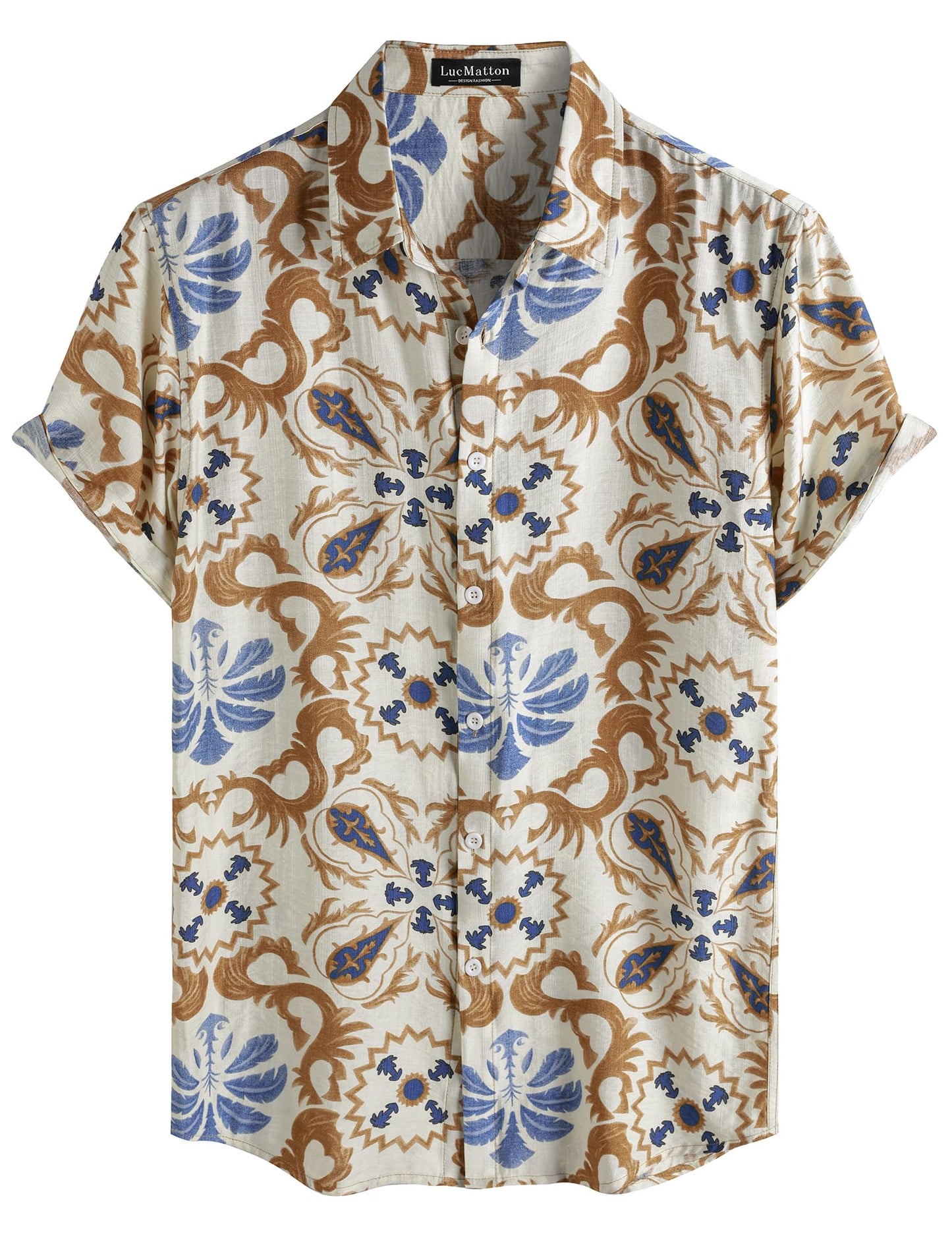 LucMatton Men's Vintage Hawaiian Shirt Tropical Print Short Sleeve Button Down Shirts Aloha Styles for Summer Vacation