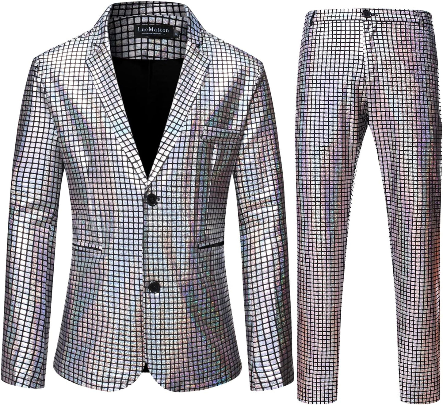 LucMatton Men's Metallic Sequin Suits 2 Piece Disco Sets, Shiny Jacket and Pants for Formal Events, Regular Fit, Long Sleeve, Dry Clean Only