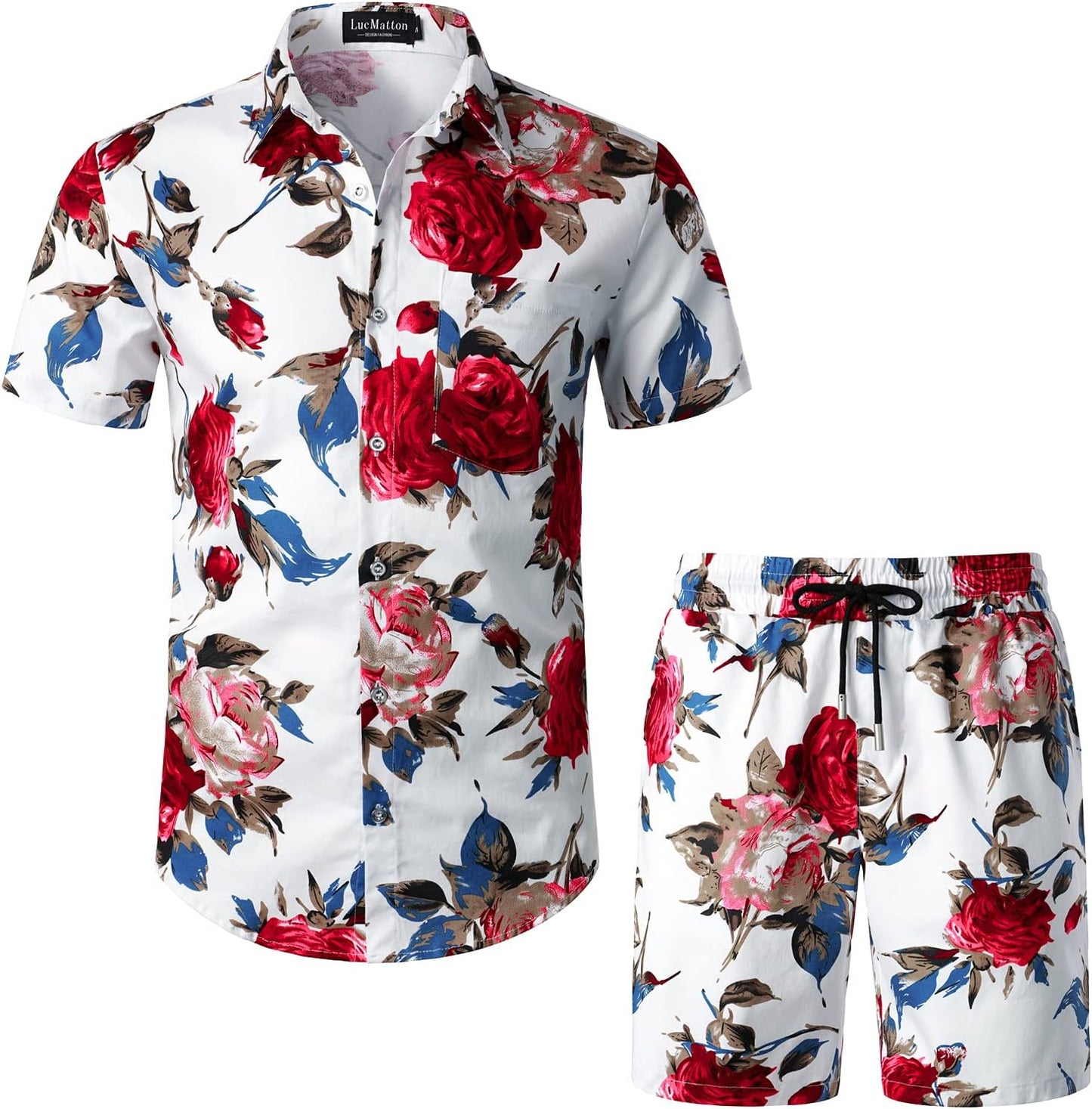 LucMatton Men's 2 Piece Floral Outfits Hipster Short Sleeve Button Down Shirt and Shorts Set Black Rose
