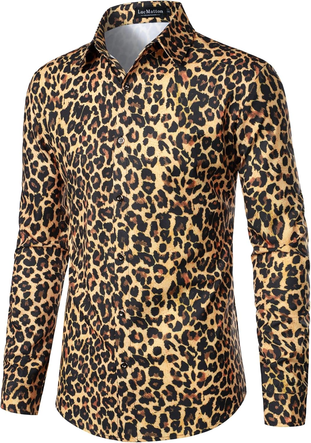 LucMatton Men's Hipster Long Sleeve Button Down Leopard Print Shirts for Club Rock Party Gold Leopard