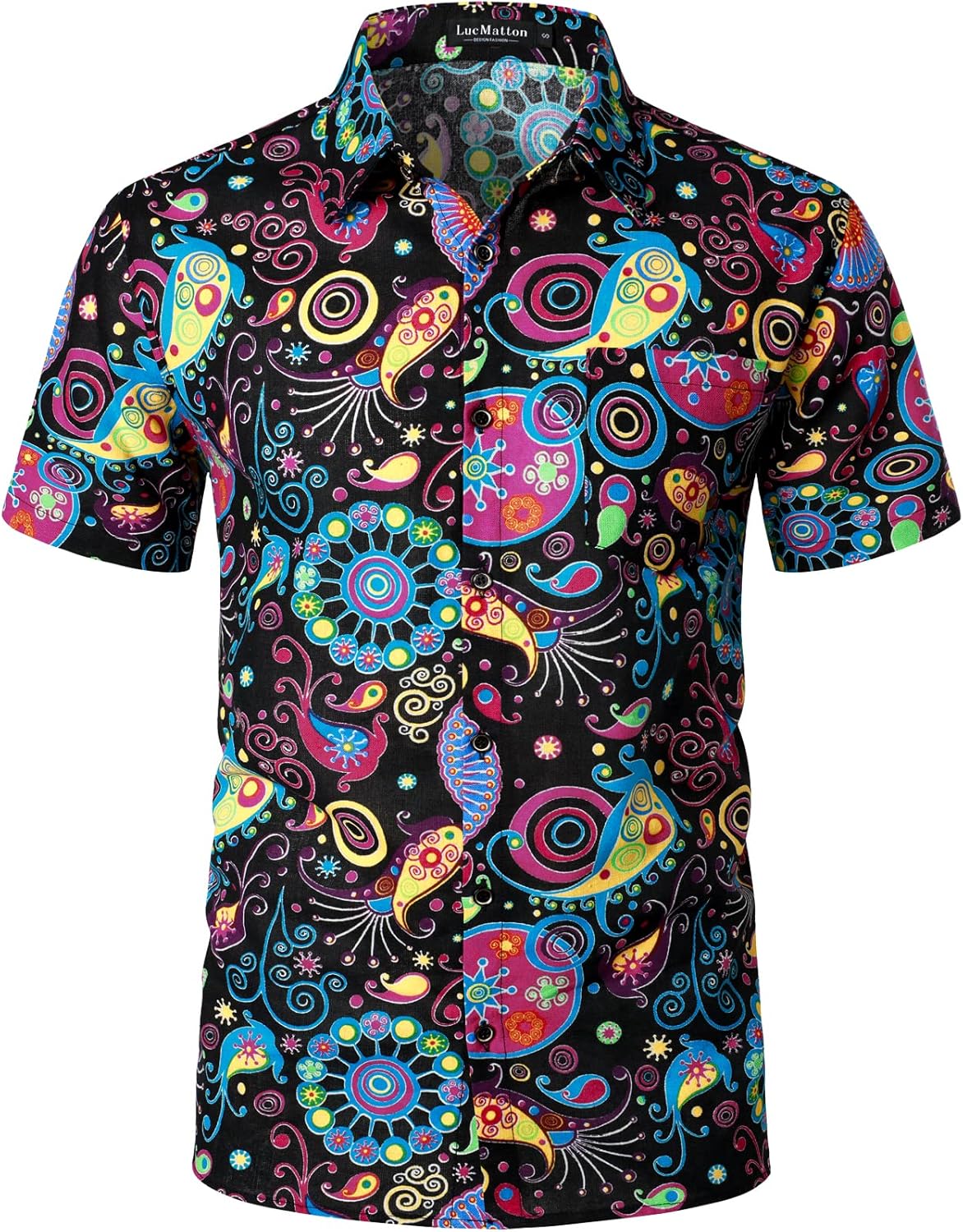 LucMatton Men's Cotton Linen Traditional Pattern Print Short Sleeve Button Down Hawaiian Shirts Multicolor Stripe Black Yellow
