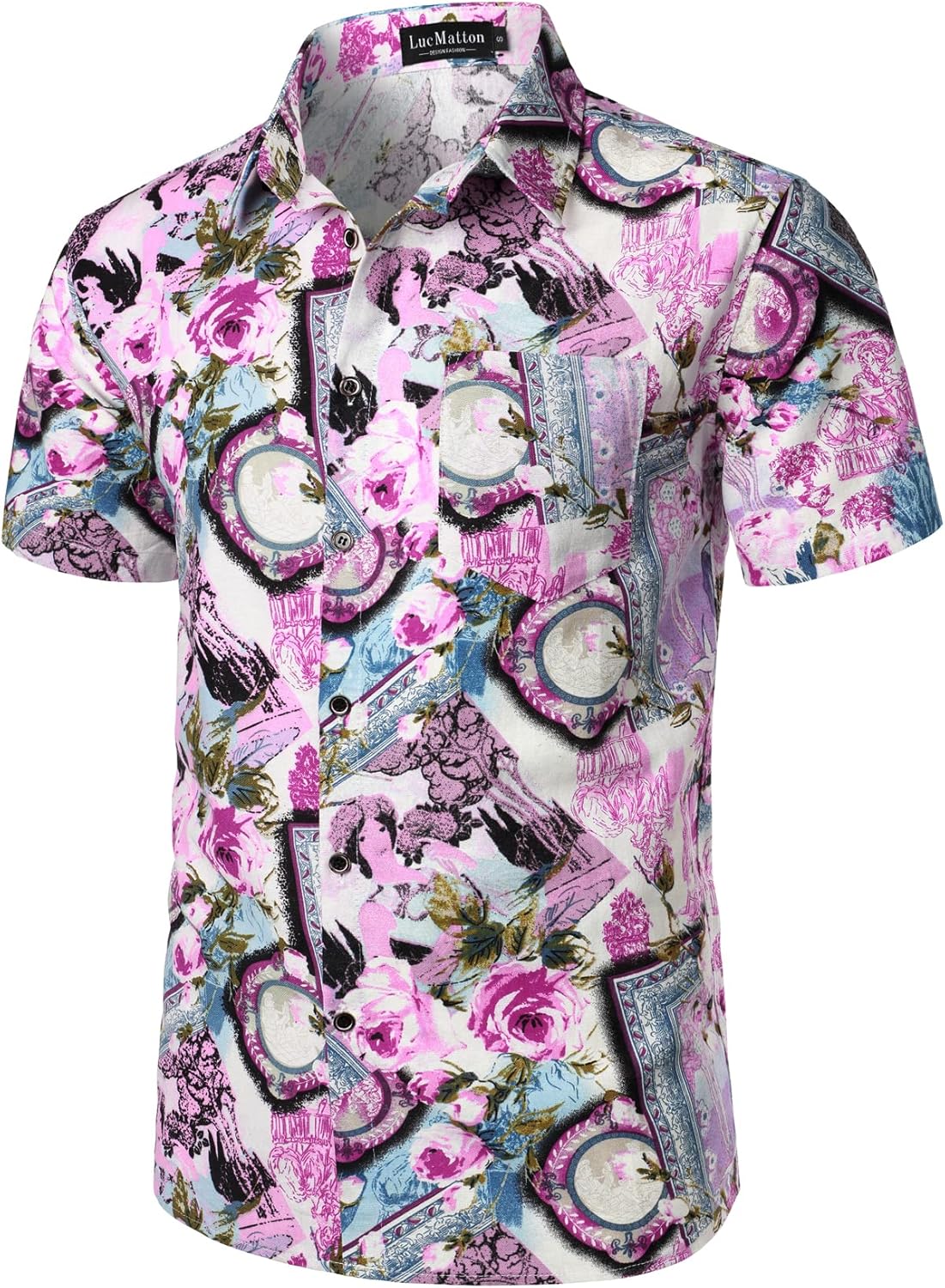 LucMatton Men's Cotton Linen Traditional Pattern Print Short Sleeve Button Down Hawaiian Shirts Pink