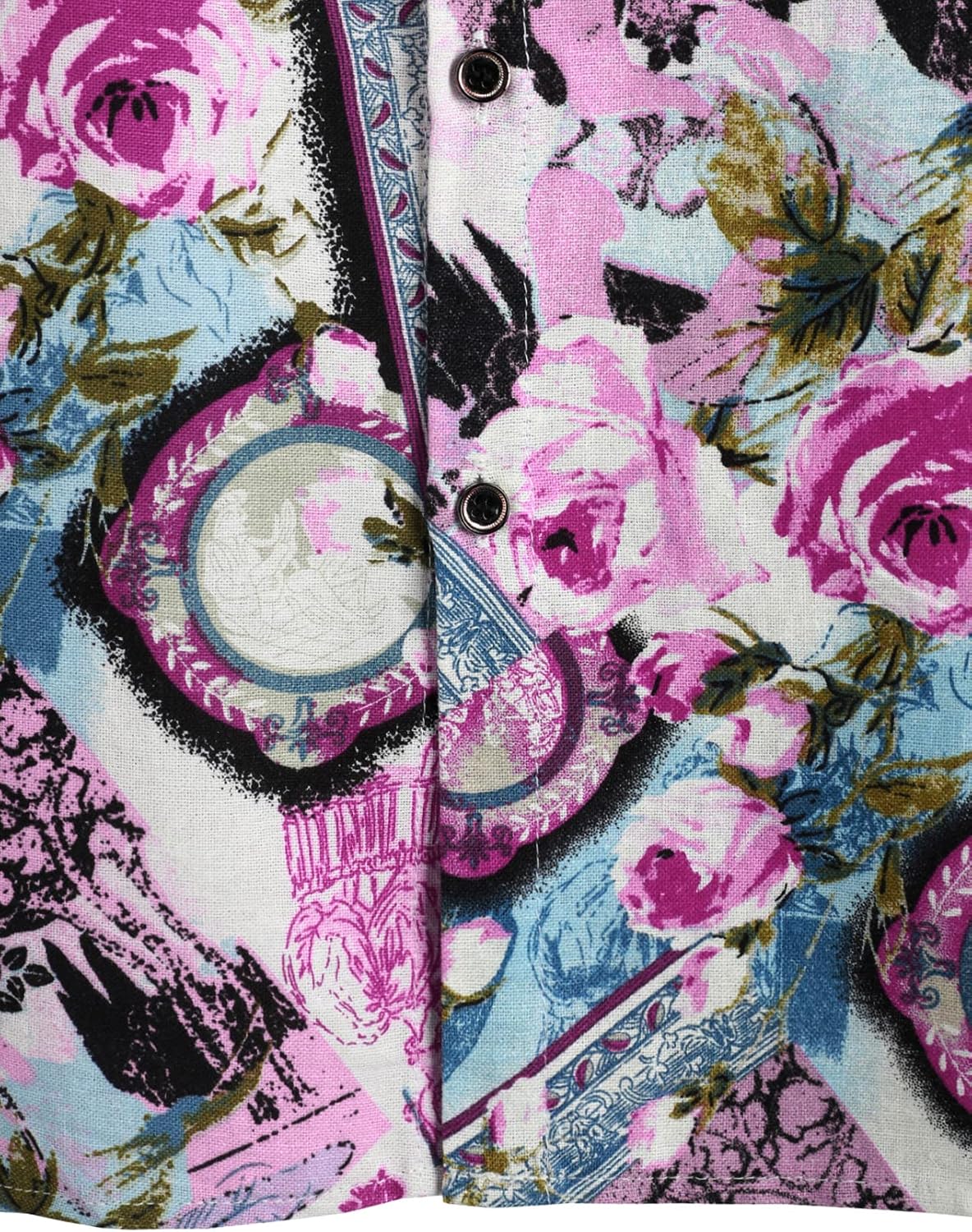 LucMatton Men's Cotton Linen Traditional Pattern Print Short Sleeve Button Down Hawaiian Shirts Pink