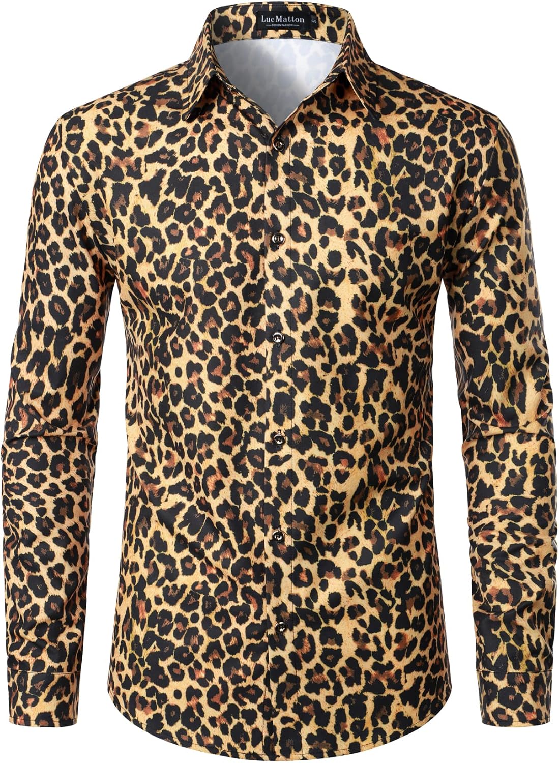 LucMatton Men's Hipster Long Sleeve Button Down Leopard Print Shirts for Club Rock Party Gold Leopard