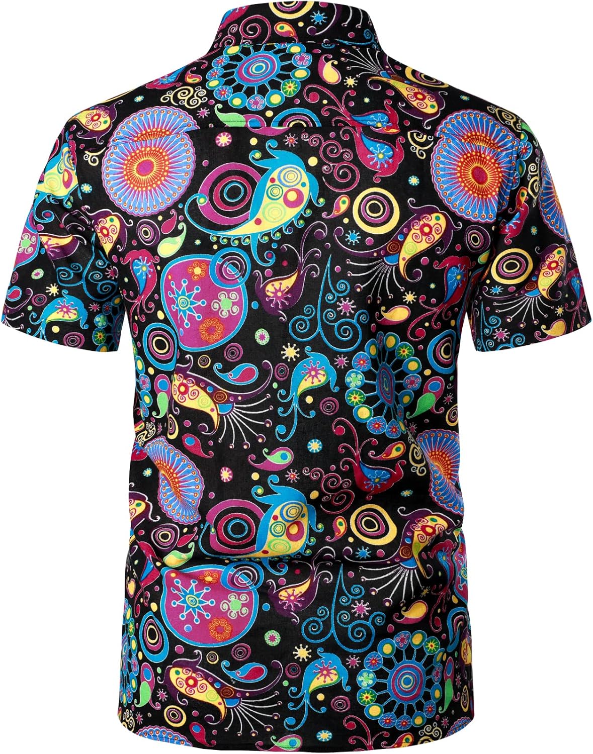 LucMatton Men's Cotton Linen Traditional Pattern Print Short Sleeve Button Down Hawaiian Shirts Multicolor Stripe Black Yellow