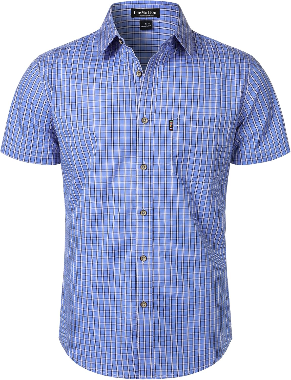 LucMatton Men's Gingham Short Sleeve Button Down Shirt Cotton Regular Fit Plaid Dress Shirts with Pocket