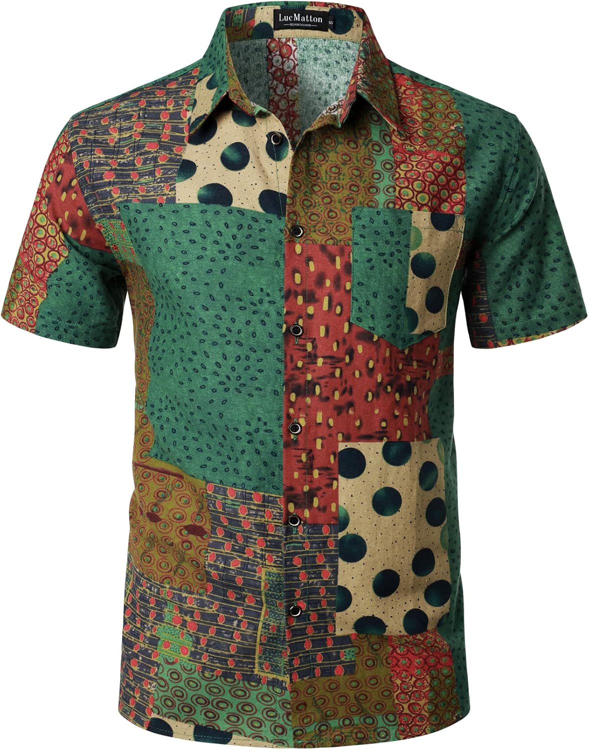 LucMatton Men's Cotton Linen Traditional Pattern Print Short Sleeve Button Down Hawaiian Shirts Green