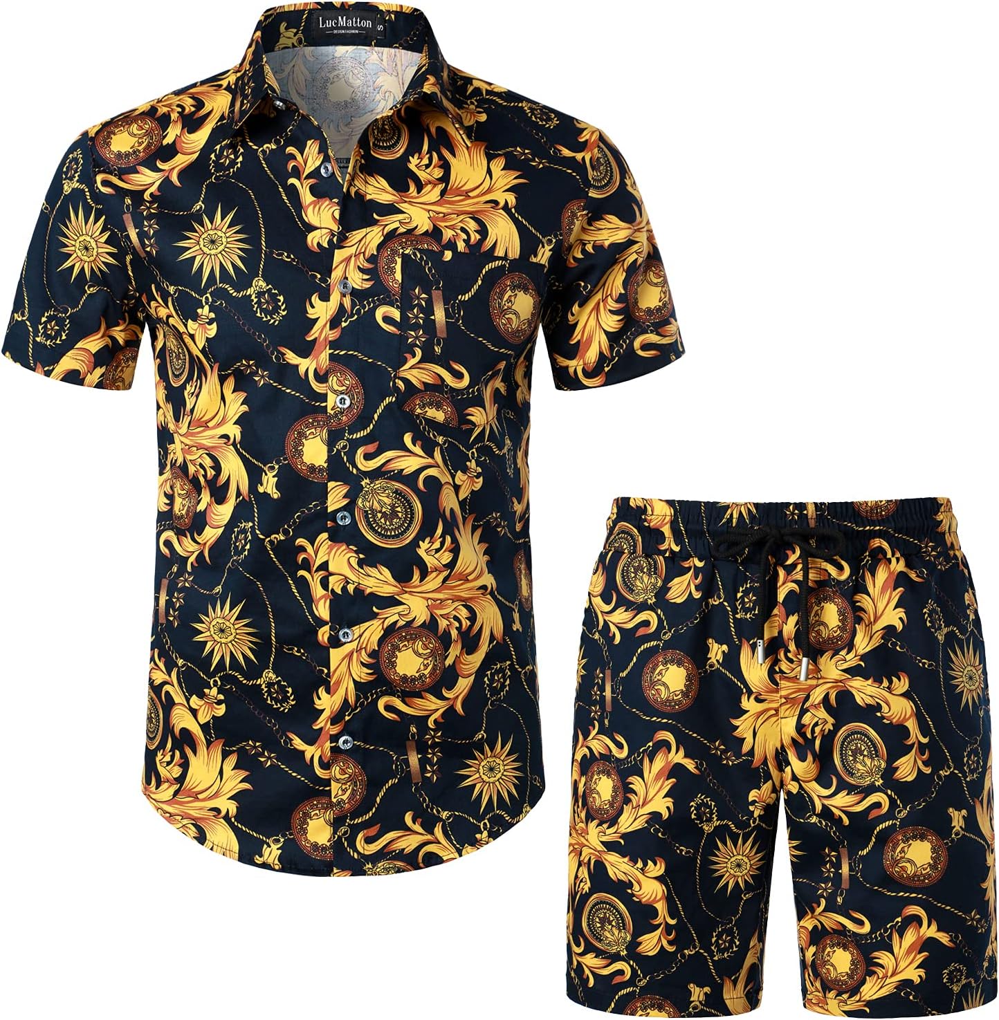 LucMatton Men's 2 Piece Floral Outfits Hipster Short Sleeve Button Down Shirt and Shorts Set Black Rose