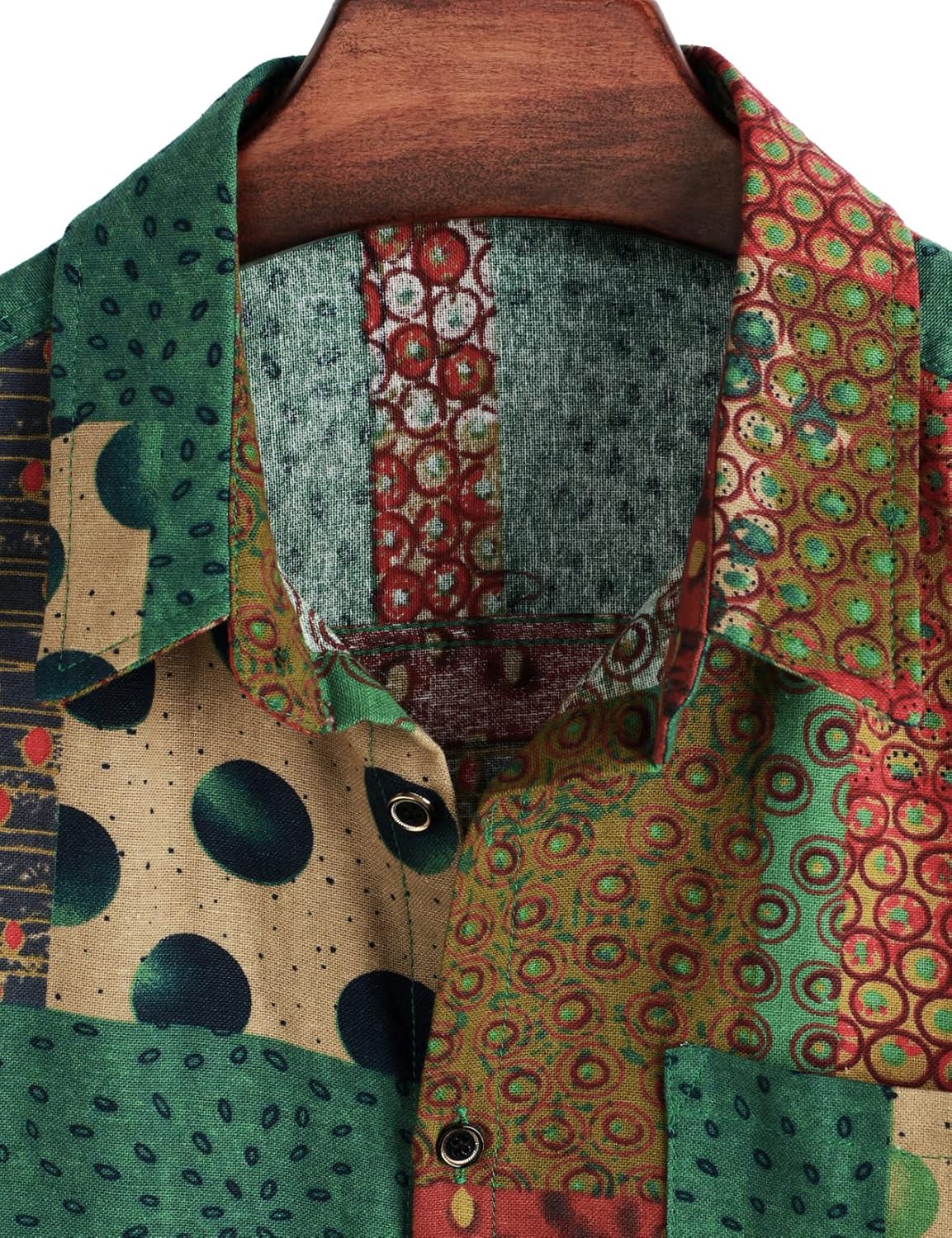 LucMatton Men's Cotton Linen Traditional Pattern Print Short Sleeve Button Down Hawaiian Shirts Green