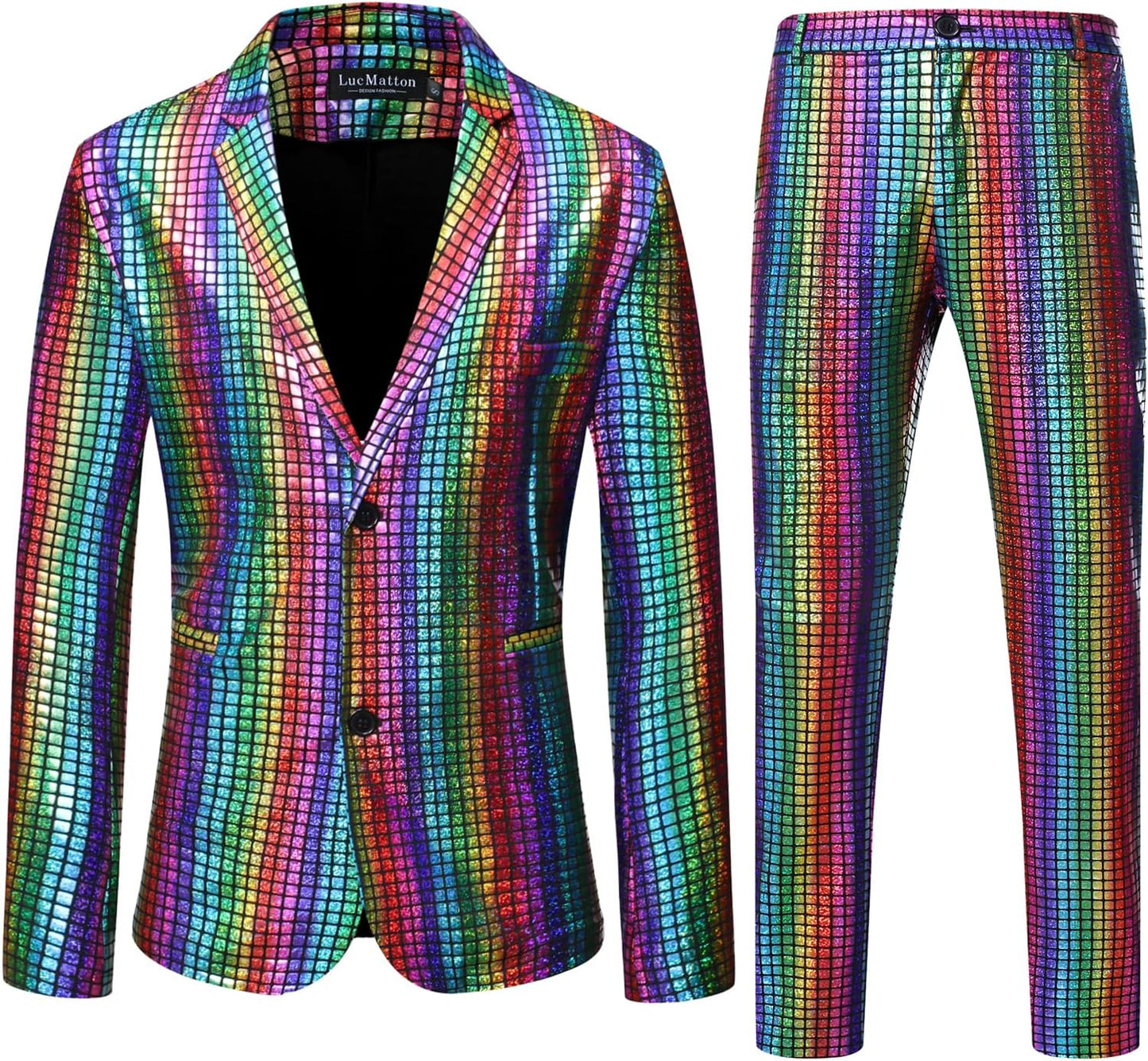 LucMatton Men's Metallic Sequin Suits 2 Piece Disco Sets, Shiny Jacket and Pants for Formal Events, Regular Fit, Long Sleeve, Dry Clean Only
