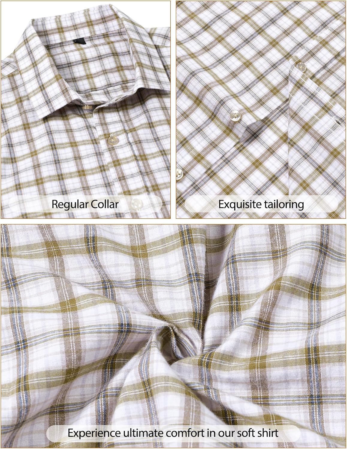 LucMatton Men's Gingham Dress Shirt Casual Business Long Sleeve Button Down Shirts with Pocket