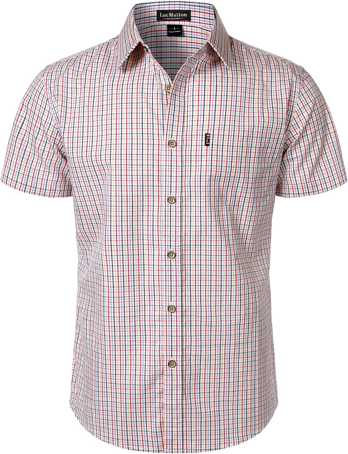 LucMatton Men's Gingham Short Sleeve Button Down Shirt Cotton Regular Fit Plaid Dress Shirts with Pocket