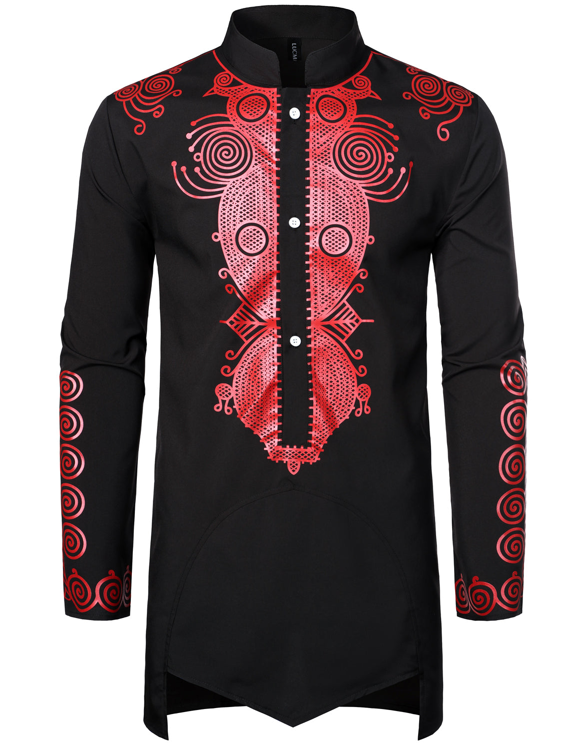 LucMatton Men's Traditional African Long Sleeve Dashiki Shiny Metallic Pattern Printed Party Shirt