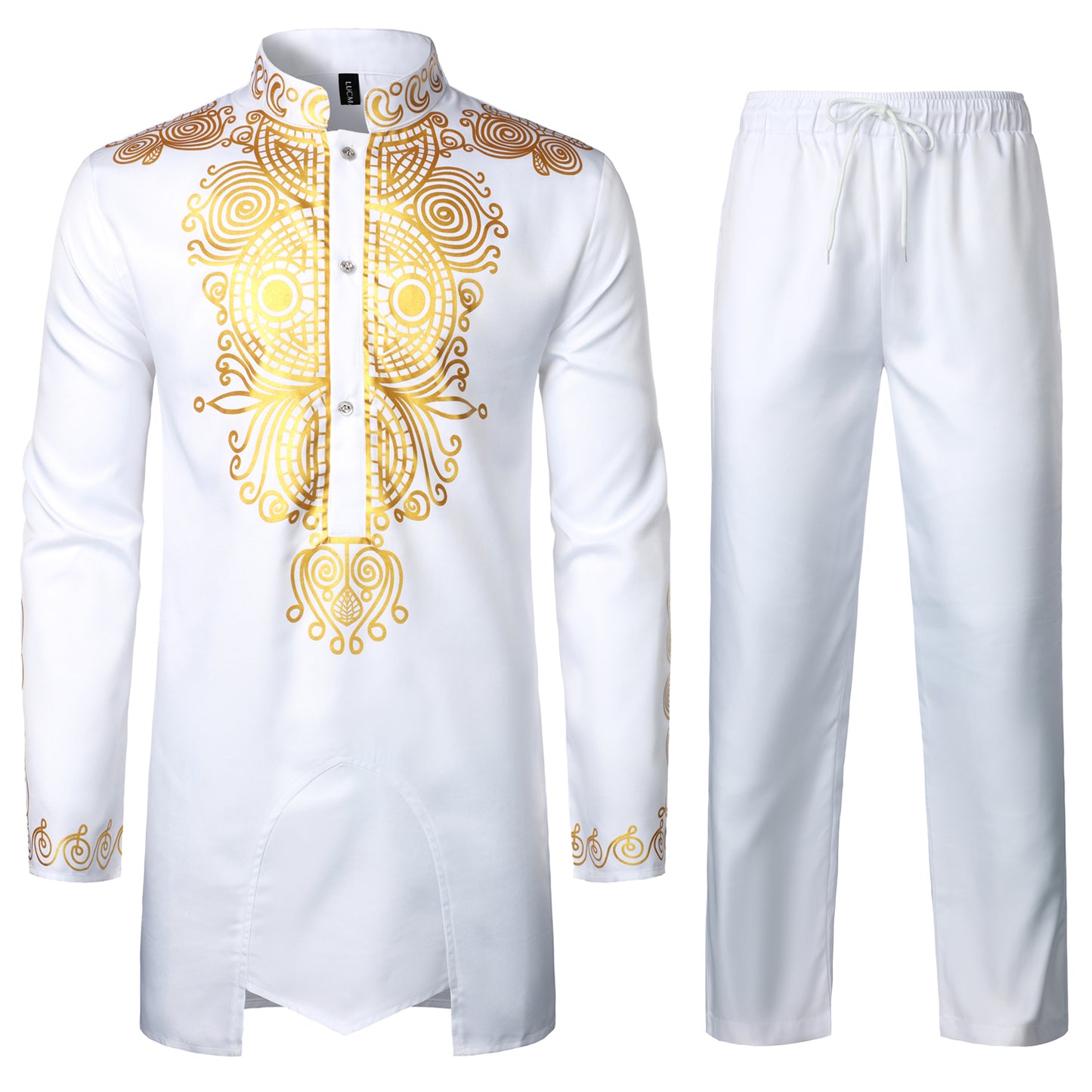 LucMatton Men's African 2 Piece Set Long Sleeve Gold Print Dashiki and Pants Outfit Traditional Suit