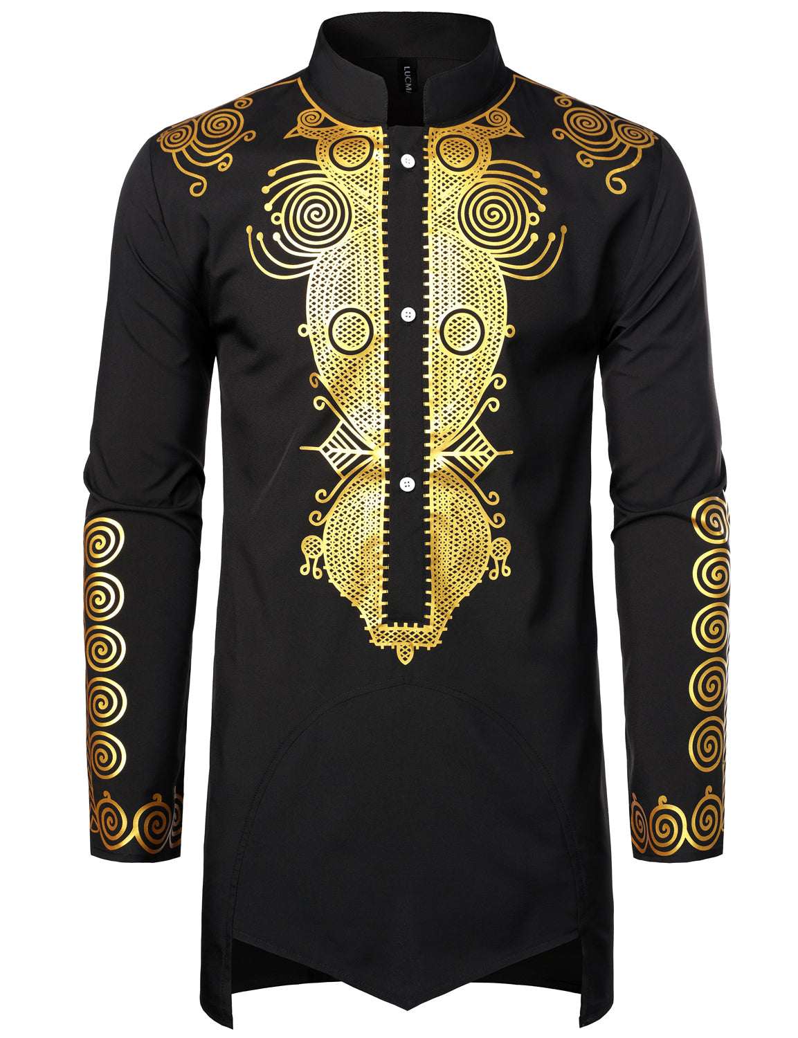 LucMatton Men's Traditional African Long Sleeve Dashiki Shiny Metallic Pattern Printed Party Shirt