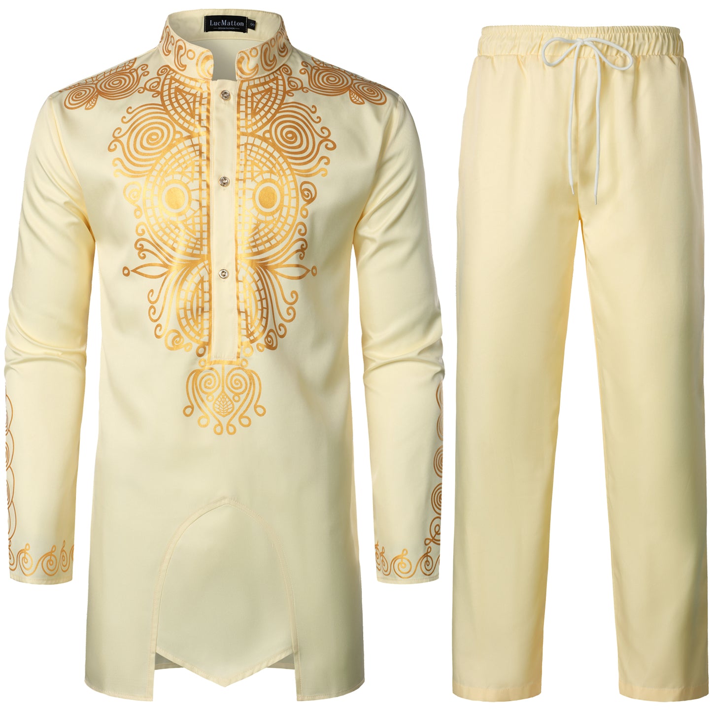 LucMatton Men's African 2 Piece Set Long Sleeve Gold Print Dashiki and Pants Outfit Traditional Suit