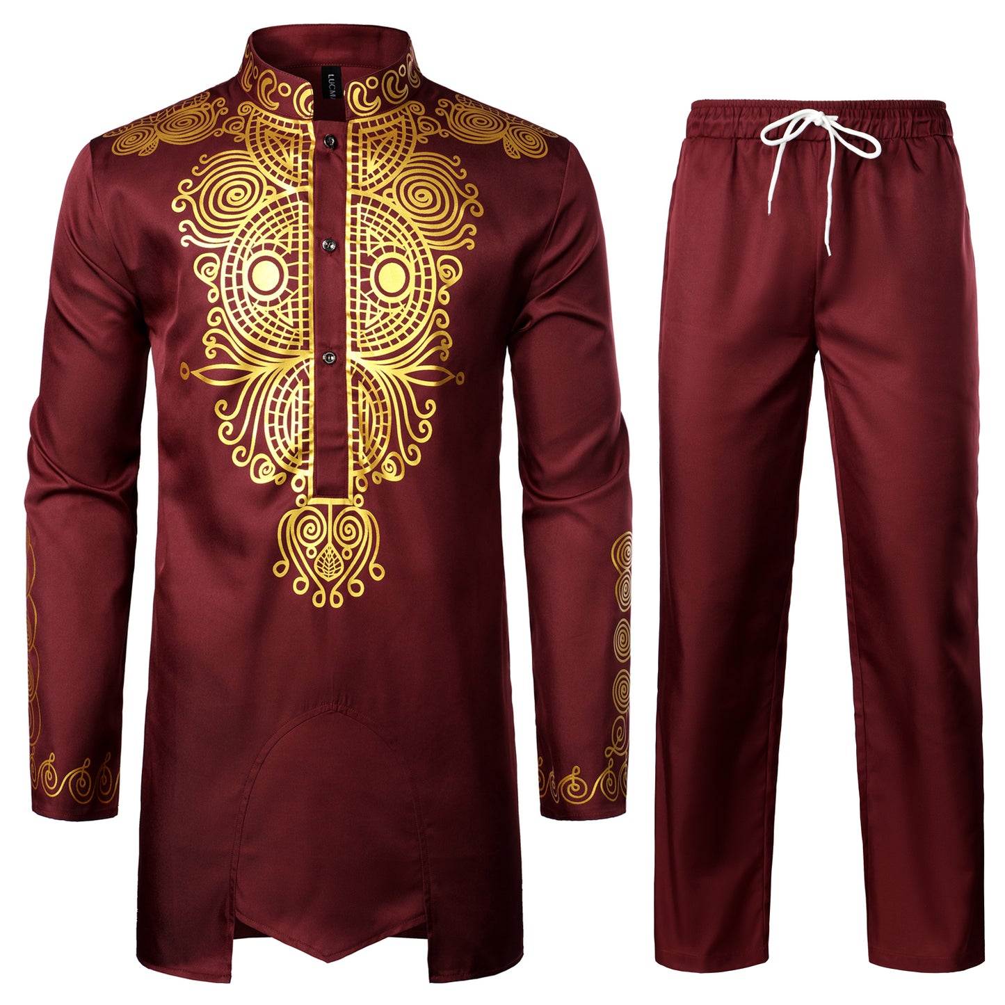 LucMatton Men's African 2 Piece Set Long Sleeve Gold Print Dashiki and Pants Outfit Traditional Suit