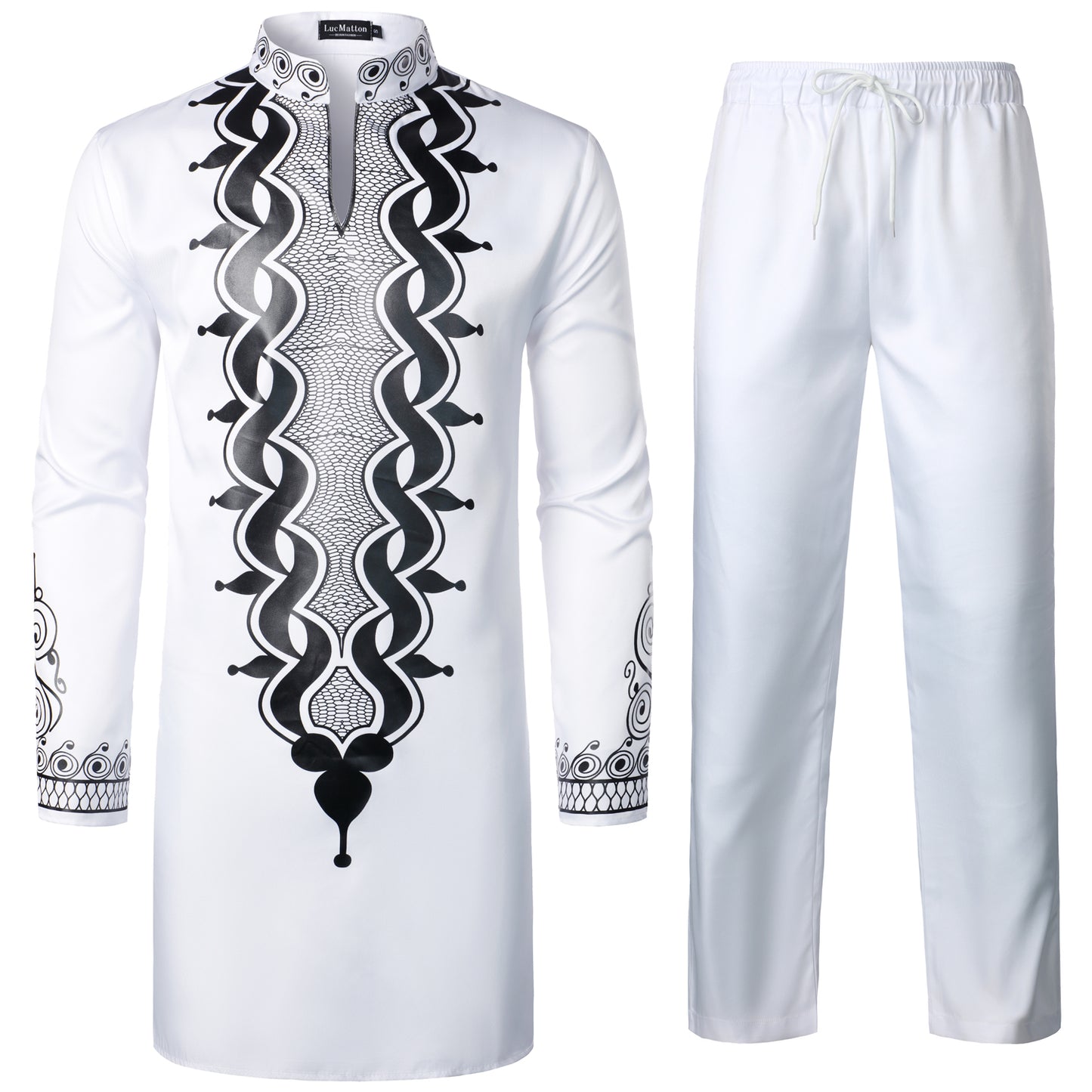 LucMatton Men's African 2 Piece Set Long Sleeve Gold Print Dashiki and Pants Outfit Traditional Suit