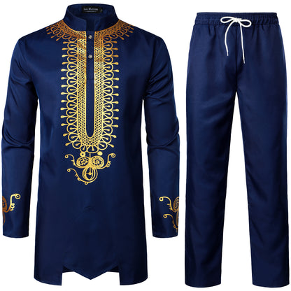LucMatton Men's African 2 Piece Set Long Sleeve Gold Print Dashiki and Pants Outfit Traditional Suit
