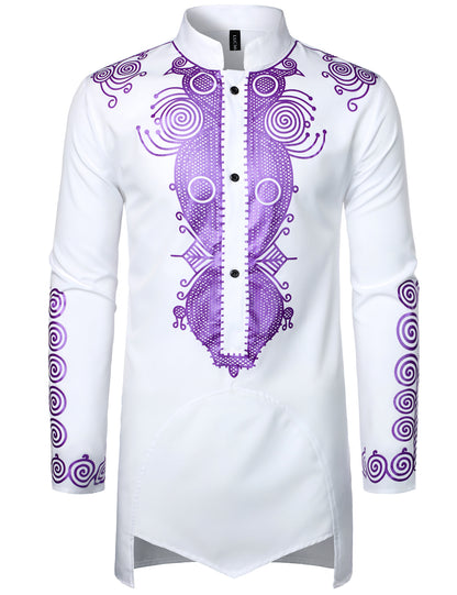 LucMatton Men's Traditional African Long Sleeve Dashiki Shiny Metallic Pattern Printed Party Shirt
