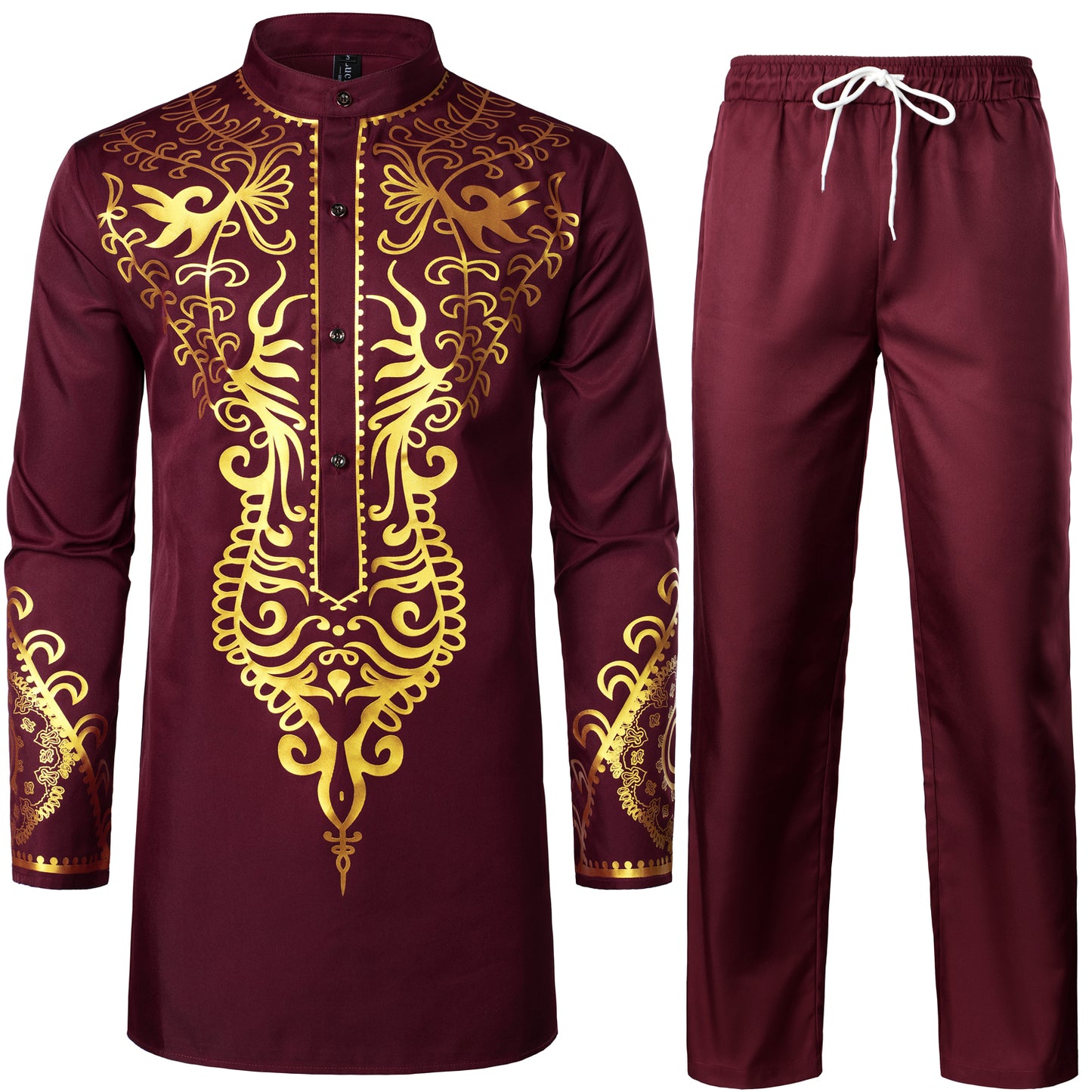 LucMatton Men's African 2 Piece Set Long Sleeve Gold Print Dashiki and Pants Outfit Traditional Suit