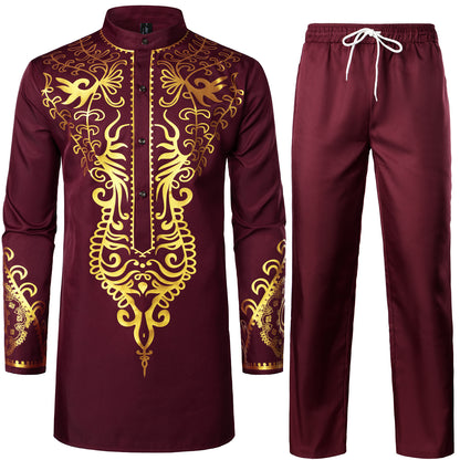 LucMatton Men's African 2 Piece Set Long Sleeve Gold Print Dashiki and Pants Outfit Traditional Suit