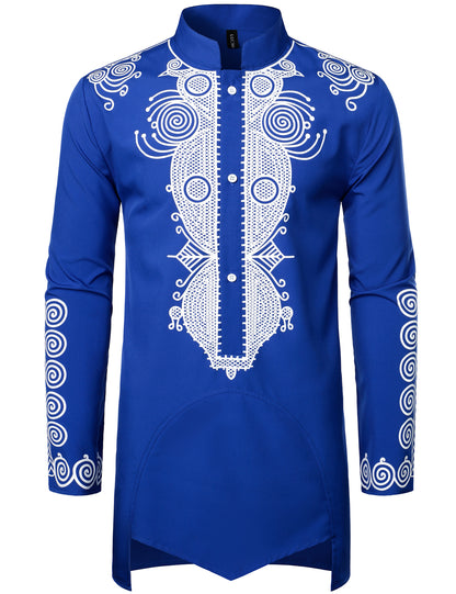 LucMatton Men's Traditional African Long Sleeve Dashiki Shiny Metallic Pattern Printed Party Shirt