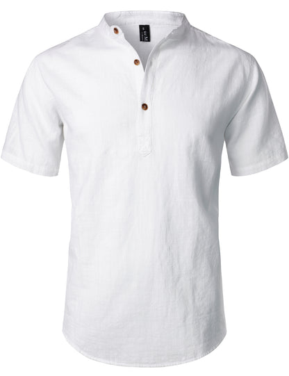 LucMatton Men's Casual Cotton Linen Short Sleeve Henley Shirt Summer Lightweight Banded Collar Beach Tops
