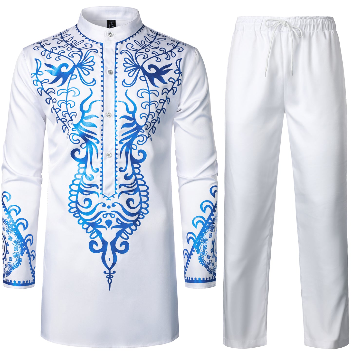 LucMatton Men's African 2 Piece Set Long Sleeve Gold Print Dashiki and Pants Outfit Traditional Suit