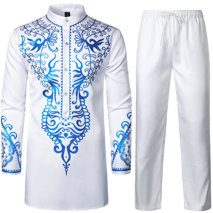 LucMatton Men's African 2 Piece Set Long Sleeve Gold Print Dashiki and Pants Outfit Traditional Suit