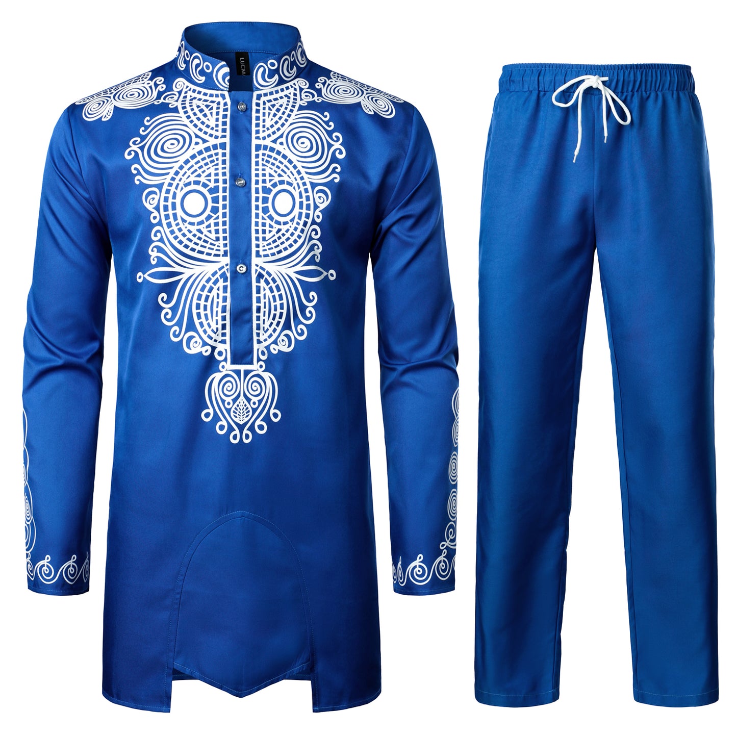 LucMatton Men's African 2 Piece Set Long Sleeve Gold Print Dashiki and Pants Outfit Traditional Suit