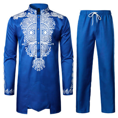 LucMatton Men's African 2 Piece Set Long Sleeve Gold Print Dashiki and Pants Outfit Traditional Suit