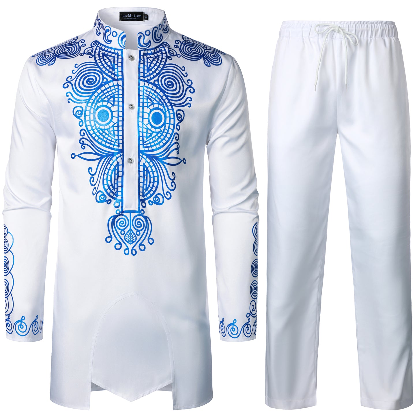 LucMatton Men's African 2 Piece Set Long Sleeve Gold Print Dashiki and Pants Outfit Traditional Suit