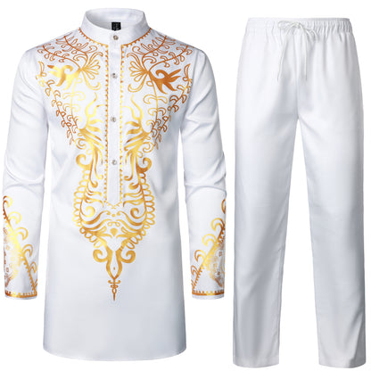 LucMatton Men's African 2 Piece Set Long Sleeve Gold Print Dashiki and Pants Outfit Traditional Suit