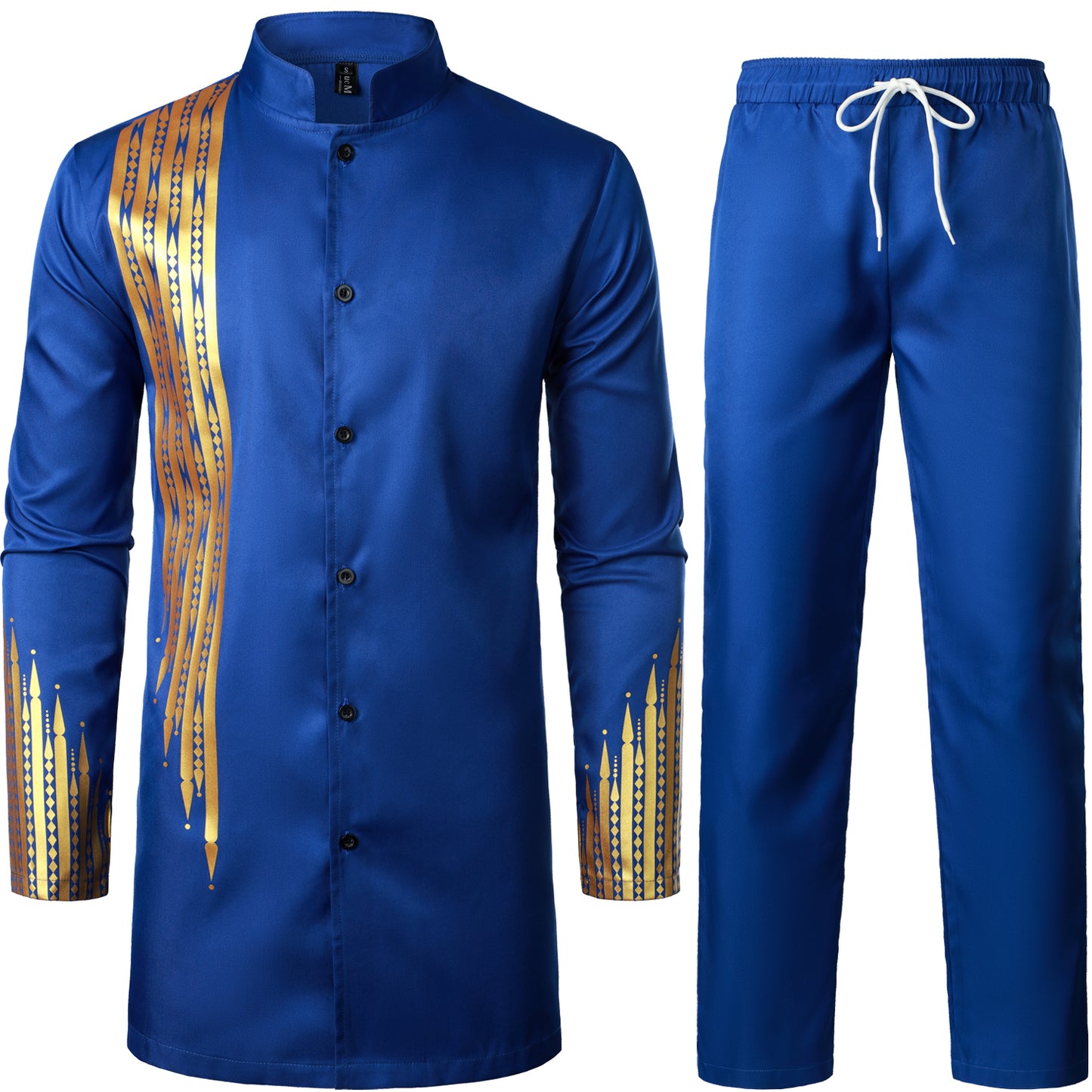 LucMatton Men's 2 Piece Outfit Long Sleeve Button up Shirt and Pants Traditional Ethnic Suit