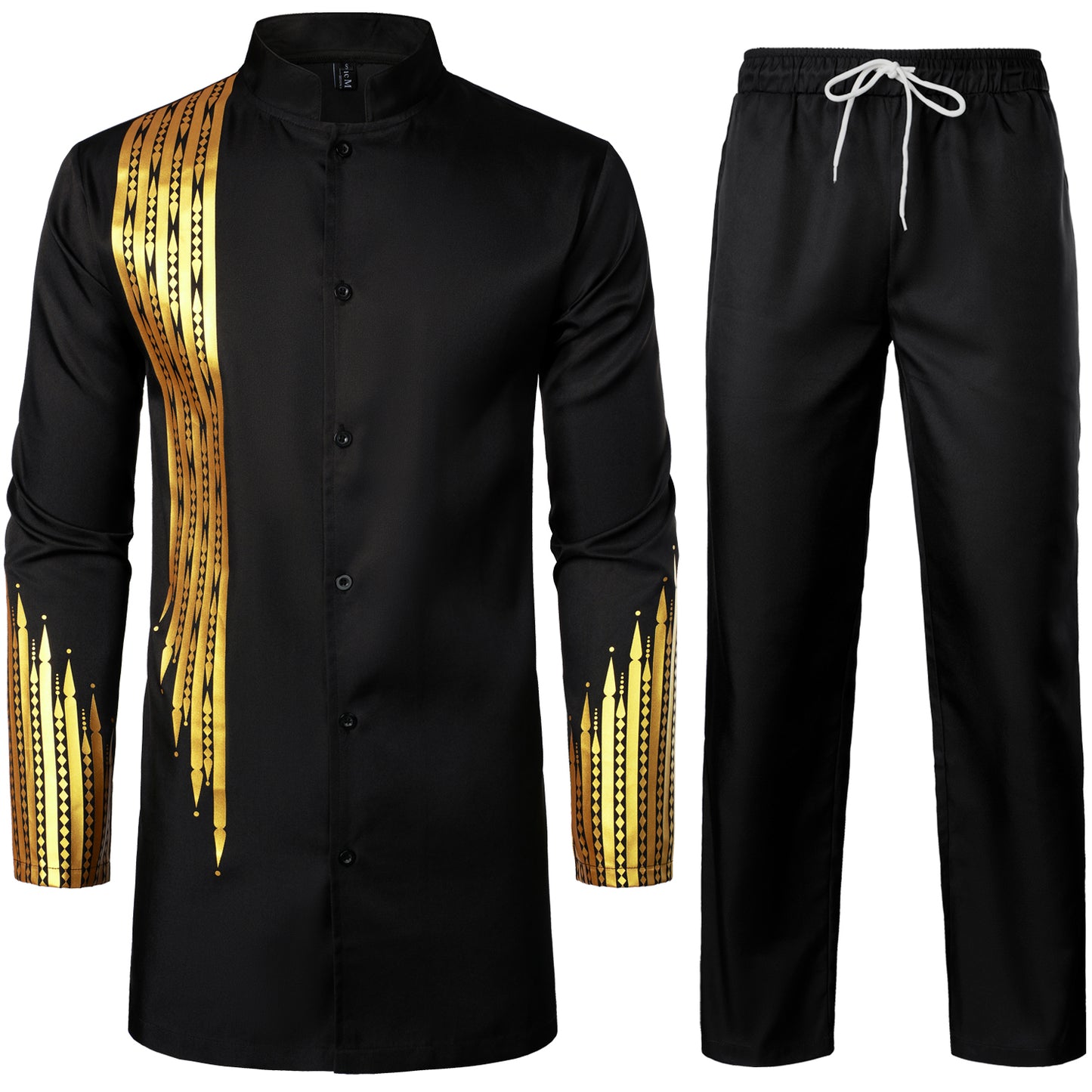 LucMatton Men's 2 Piece Outfit Long Sleeve Button up Shirt and Pants Traditional Ethnic Suit