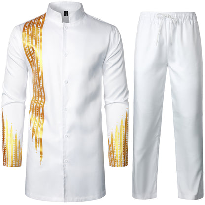 LucMatton Men's 2 Piece Outfit Long Sleeve Button up Shirt and Pants Traditional Ethnic Suit
