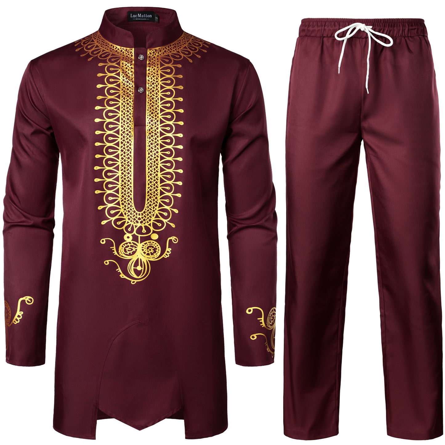 LucMatton Men's African 2 Piece Set Long Sleeve Gold Print Dashiki and Pants Outfit Traditional Suit