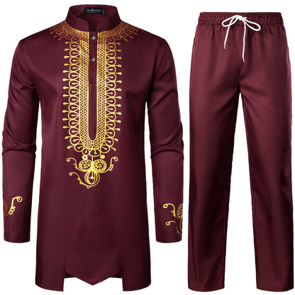 LucMatton Men's African 2 Piece Set Long Sleeve Gold Print Dashiki and Pants Outfit Traditional Suit