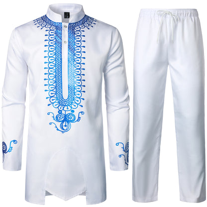 LucMatton Men's African 2 Piece Set Long Sleeve Gold Print Dashiki and Pants Outfit Traditional Suit