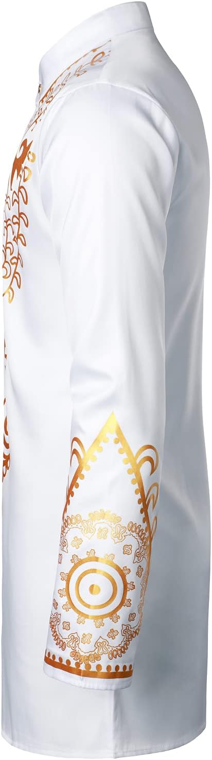 LucMatton Men's African 2 Piece Set Long Sleeve Gold Print Dashiki and Pants Outfit Traditional Suit