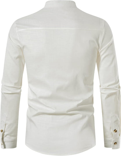 LucMatton Men's Cotton Retro Style Roll-up Long Sleeve Shirt, Slim Fit, Henley Tops, Solid, S,M,L,XL