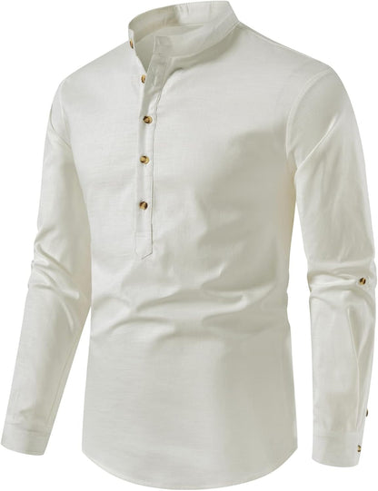 LucMatton Men's Cotton Retro Style Roll-up Long Sleeve Shirt, Slim Fit, Henley Tops, Solid, S,M,L,XL