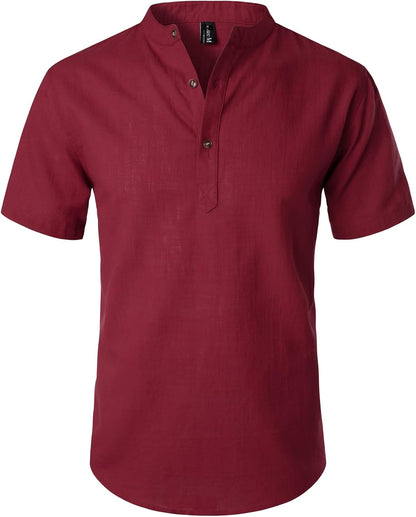LucMatton Men's Casual Cotton Linen Short Sleeve Henley Shirt Summer Lightweight Banded Collar Beach Tops