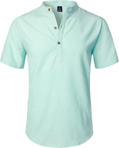 LucMatton Men's Casual Cotton Linen Short Sleeve Henley Shirt Summer Lightweight Banded Collar Beach Tops