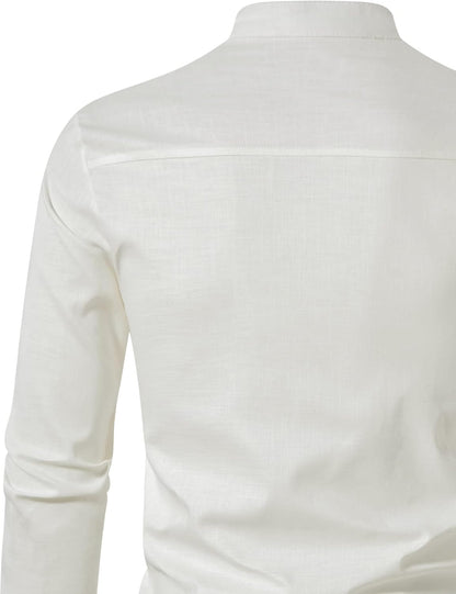 LucMatton Men's Cotton Retro Style Roll-up Long Sleeve Shirt, Slim Fit, Henley Tops, Solid, S,M,L,XL