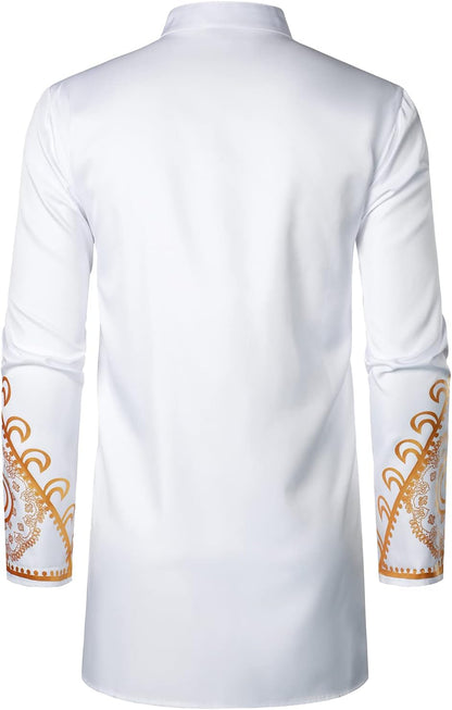 LucMatton Men's African 2 Piece Set Long Sleeve Gold Print Dashiki and Pants Outfit Traditional Suit