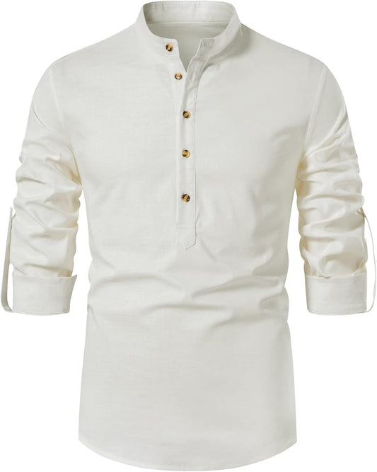 LucMatton Men's Cotton Retro Style Roll-up Long Sleeve Shirt, Slim Fit, Henley Tops, Solid, S,M,L,XL