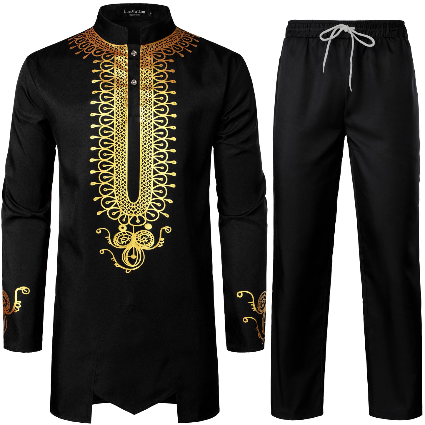 LucMatton Men's African 2 Piece Set Long Sleeve Gold Print Dashiki and Pants Outfit Traditional Suit
